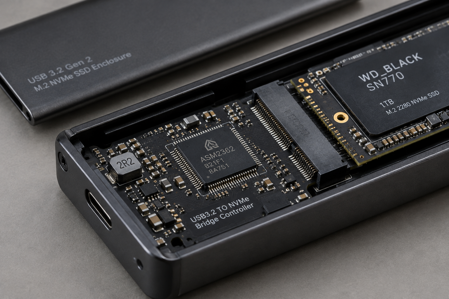Close-up of an SSD enclosure's internal bridge controller chip connected to an M.2 drive