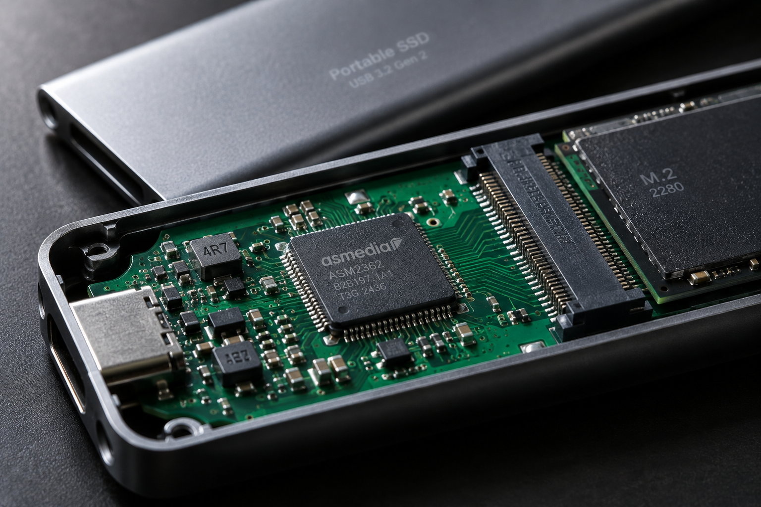Open external SSD enclosure showing the bridge controller chip on the circuit board