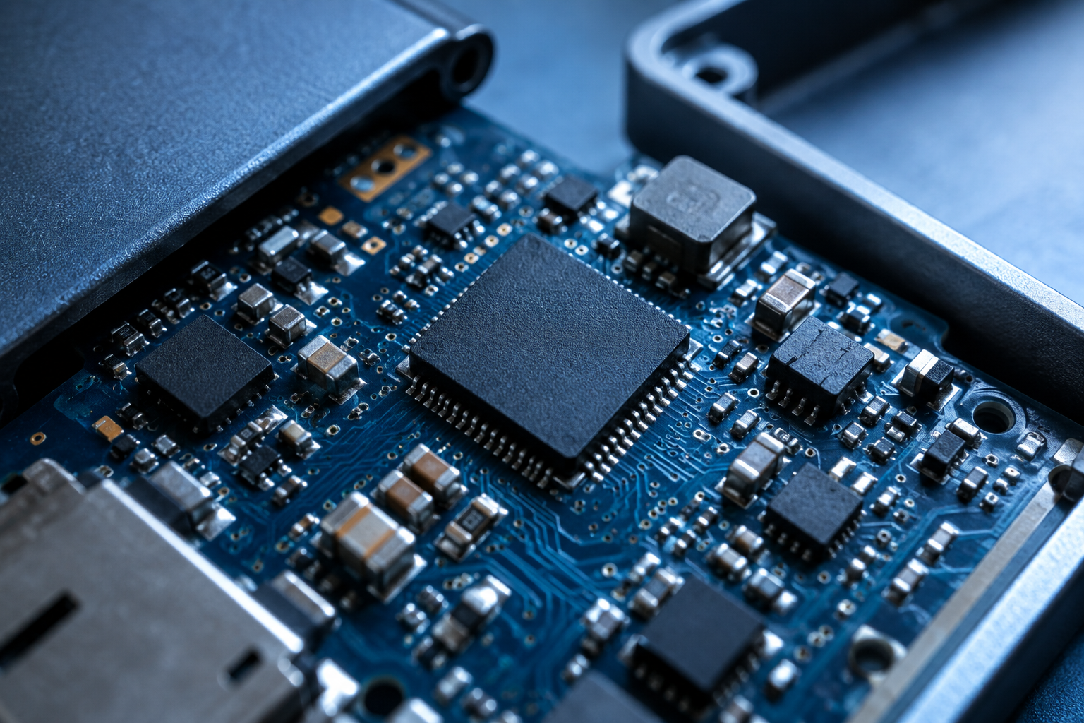 Macro shot of a USB bridge controller chip inside an external SSD enclosure's circuit board