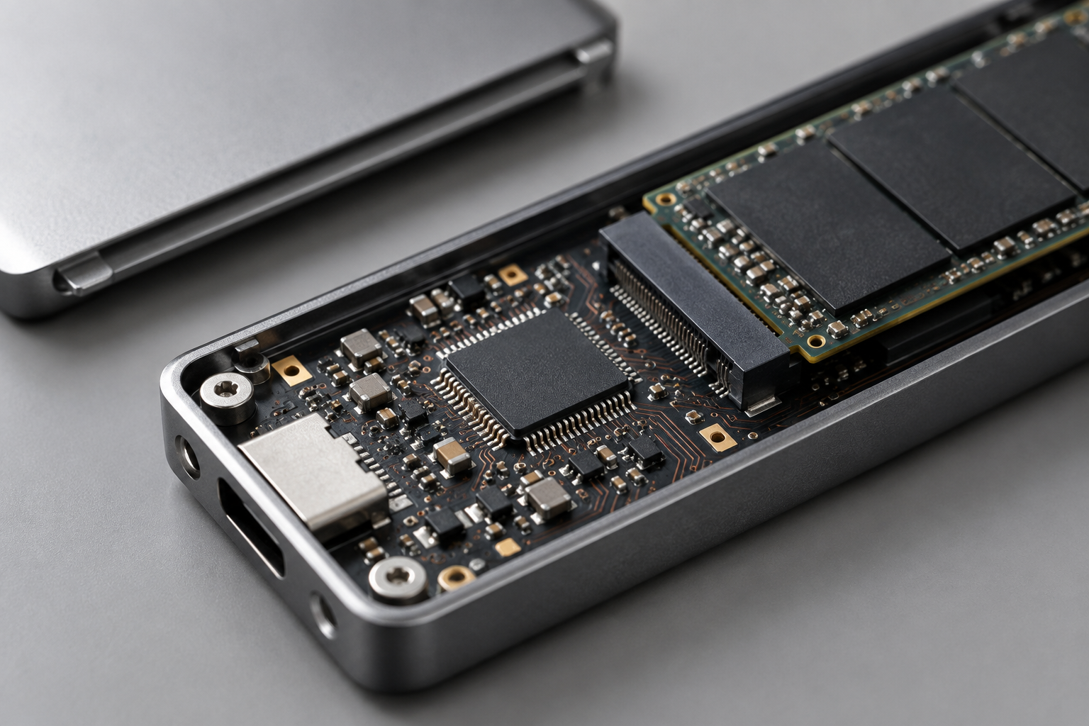 Close-up of an NVMe enclosure's internal bridge chip and circuit board