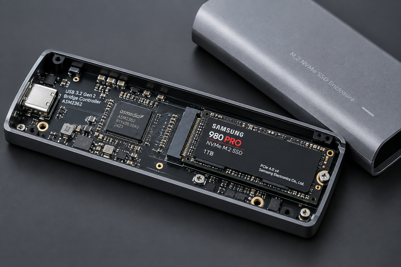 Close-up of an SSD enclosure's internal bridge chip and circuit board