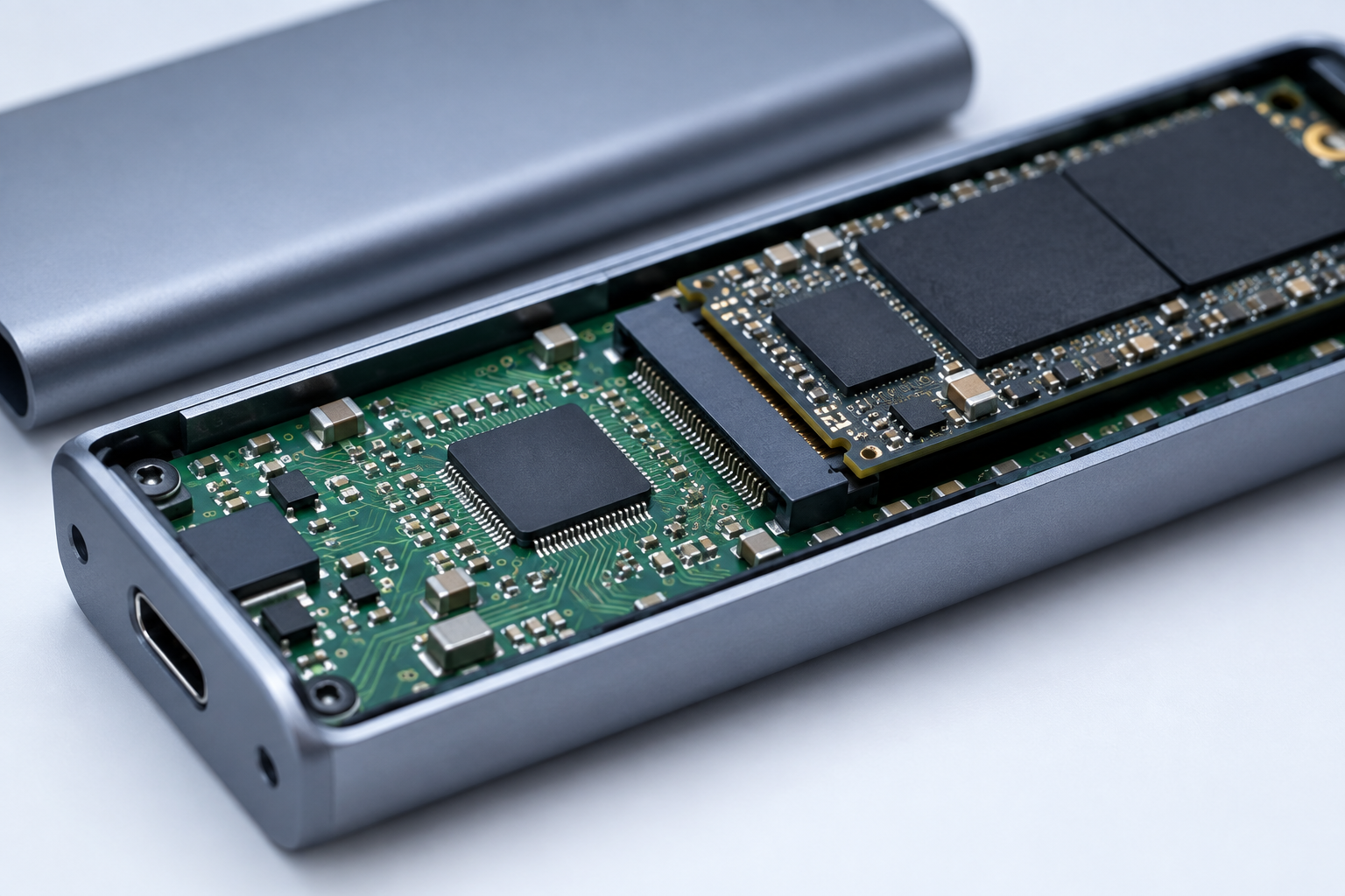 Close-up of an NVMe enclosure's internal bridge controller chip on a circuit board