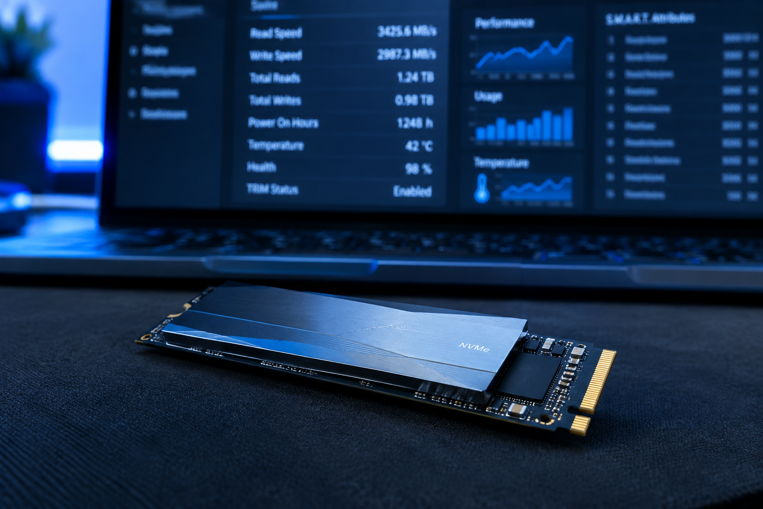 Close-up of an NVMe SSD with a blurred data dashboard in the background