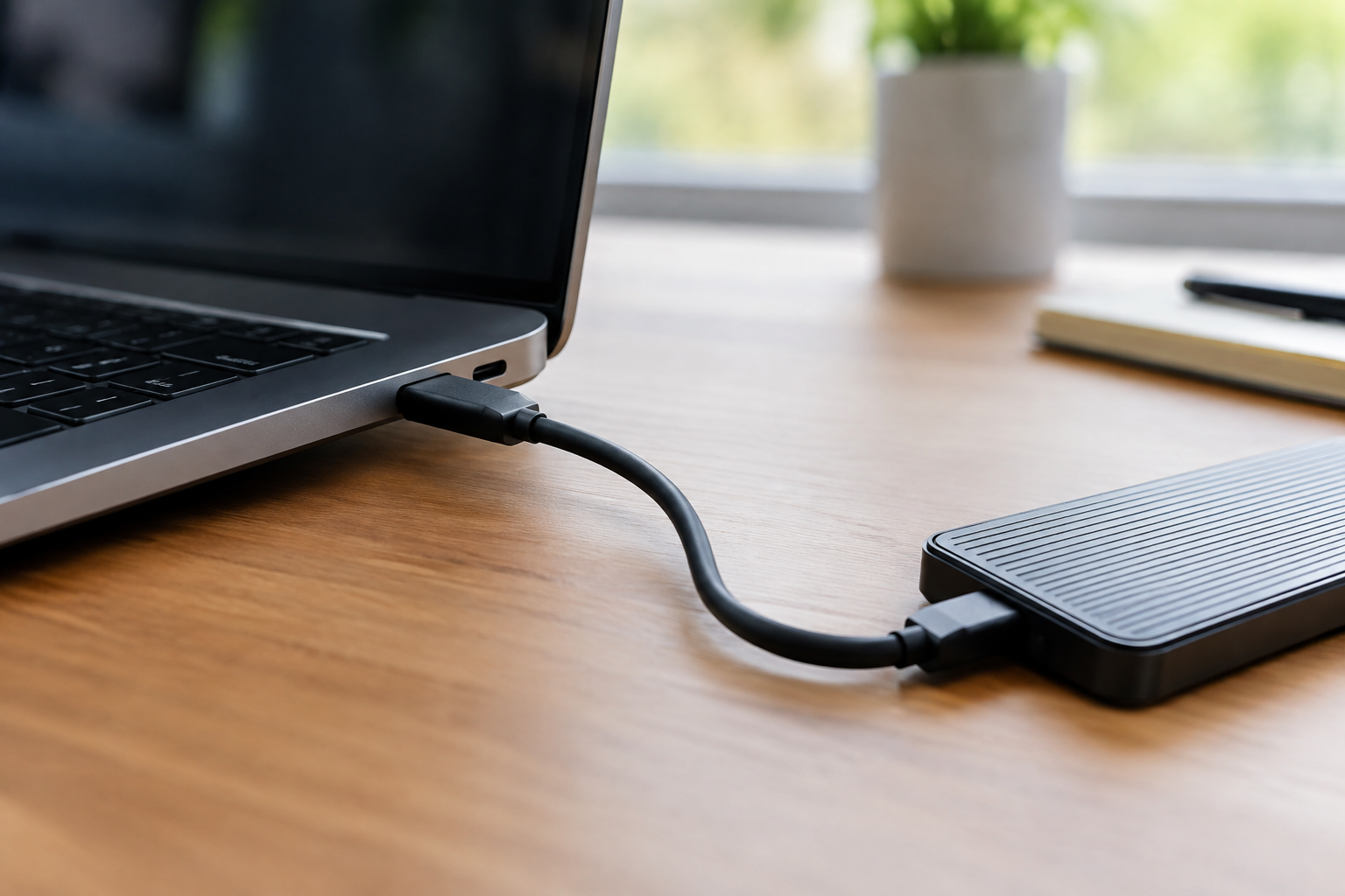 USB-C cable connected from a laptop port to an external SSD enclosure on a desk