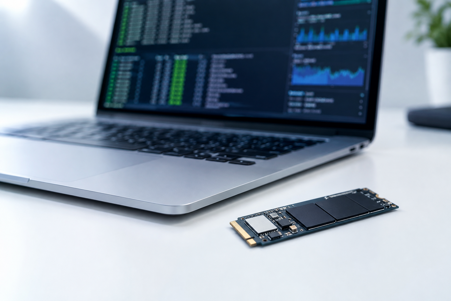 NVMe SSD chip in front of a Mac displaying diagnostic terminal output