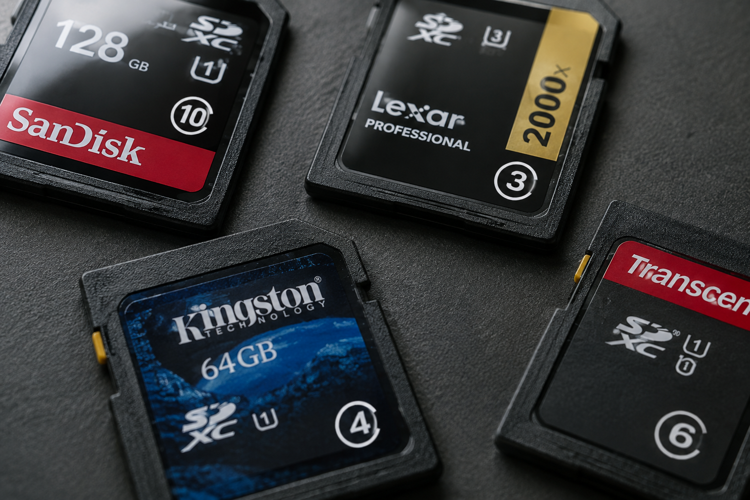 Close-up of SD cards showing original speed class symbols