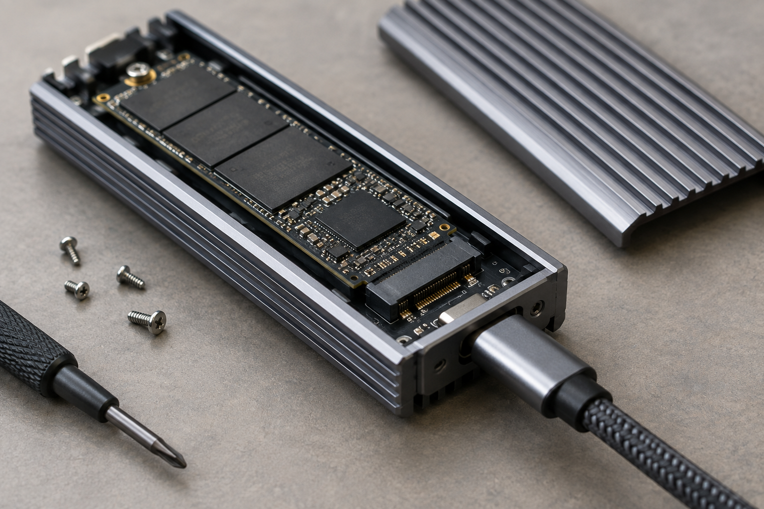 Close-up of an open NVMe SSD enclosure showing the drive, connector, and cable