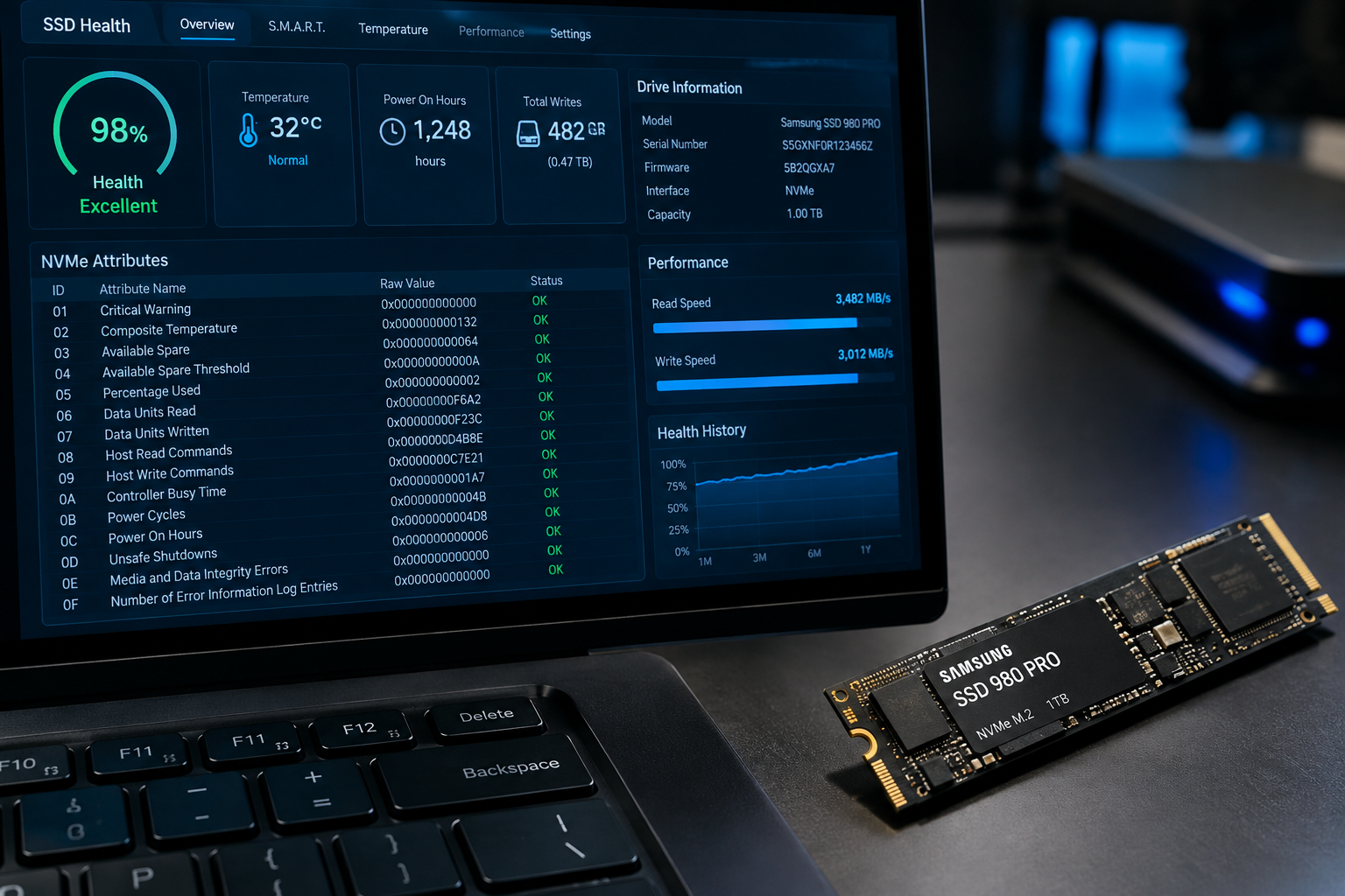Close-up of an SSD drive next to a screen showing SMART and NVMe diagnostic attributes