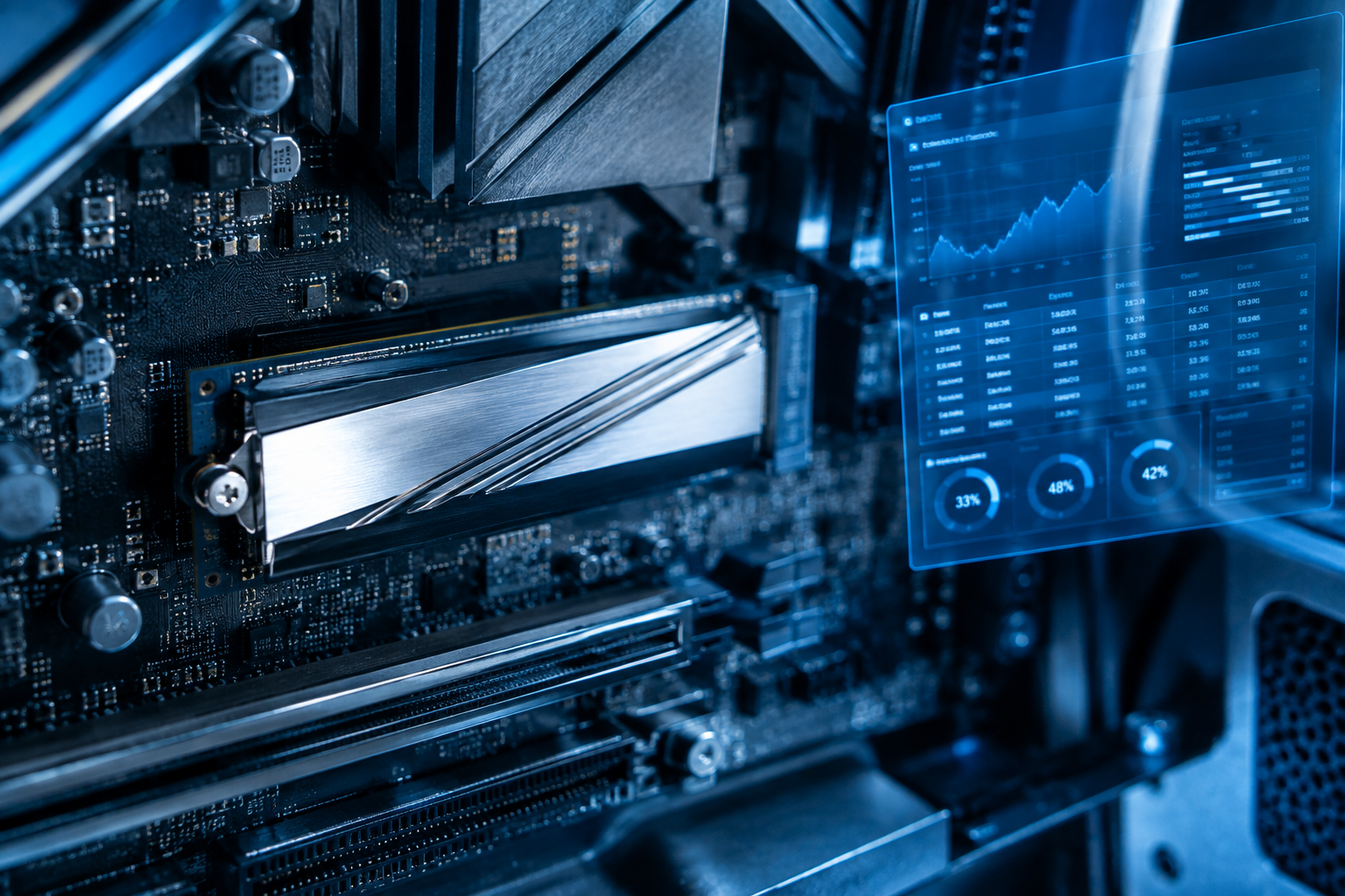 Close-up of an NVMe SSD on a motherboard with diagnostic data overlay