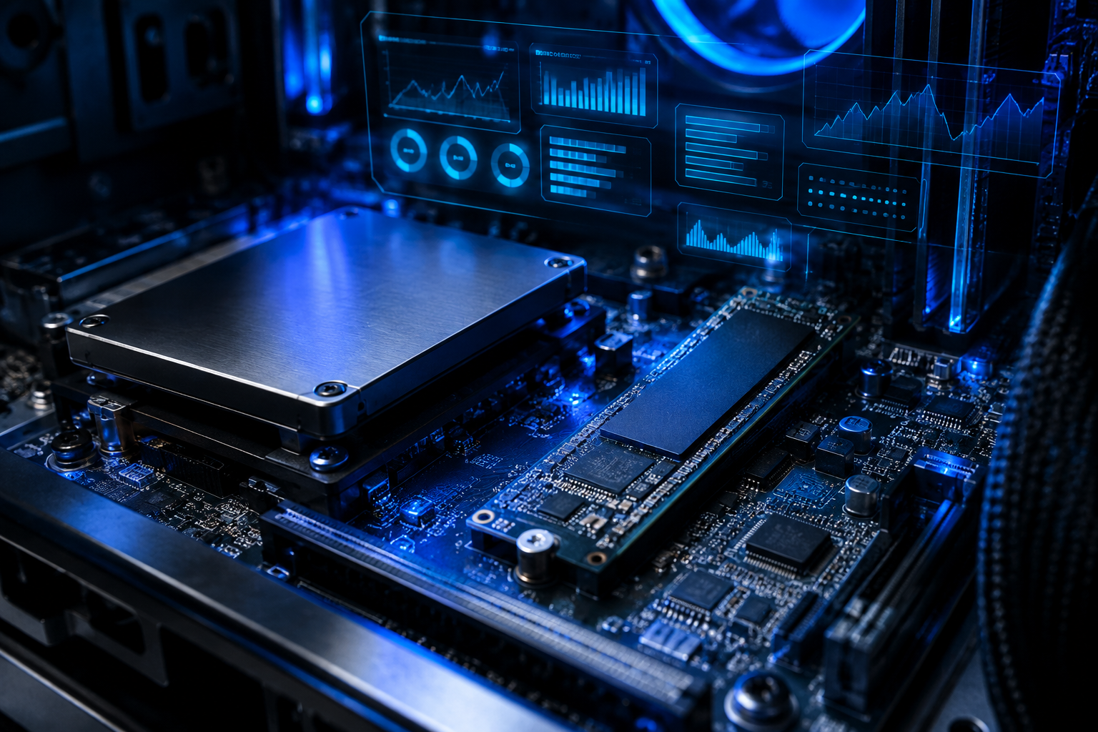 Close-up of an NVMe SSD drive on a motherboard with subtle data visualization overlay