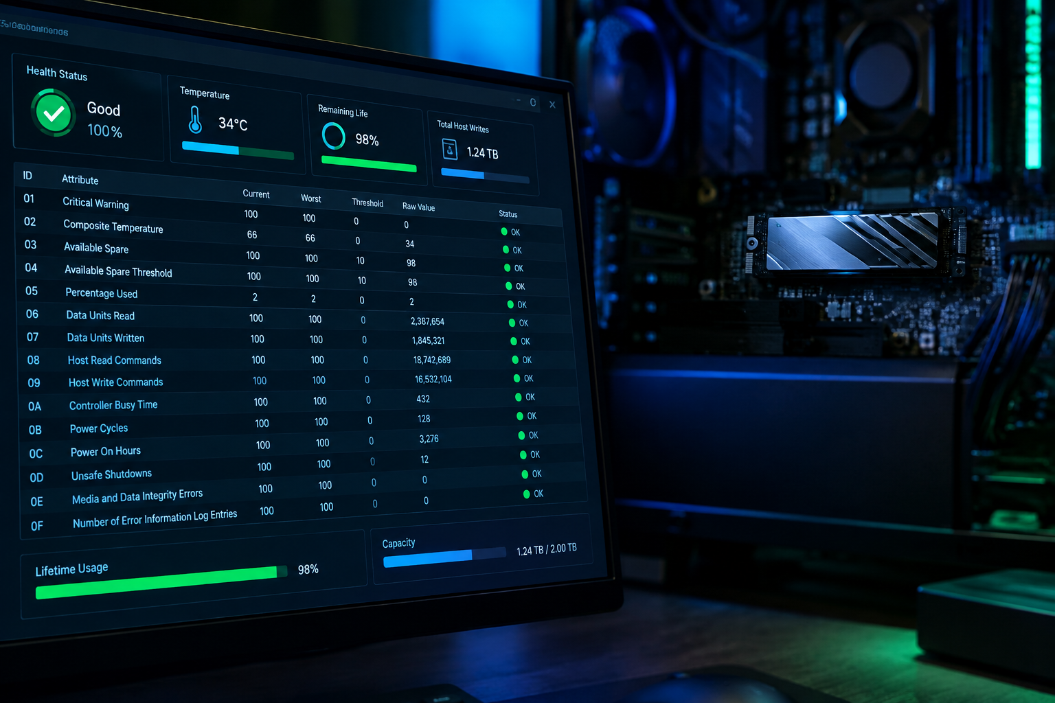Computer screen showing SSD diagnostic health monitoring data with an NVMe drive in the background