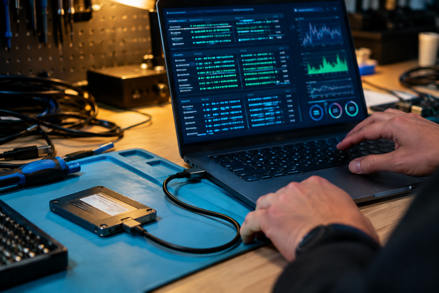Technician monitoring SSD diagnostic data on a laptop connected to a drive on a workbench