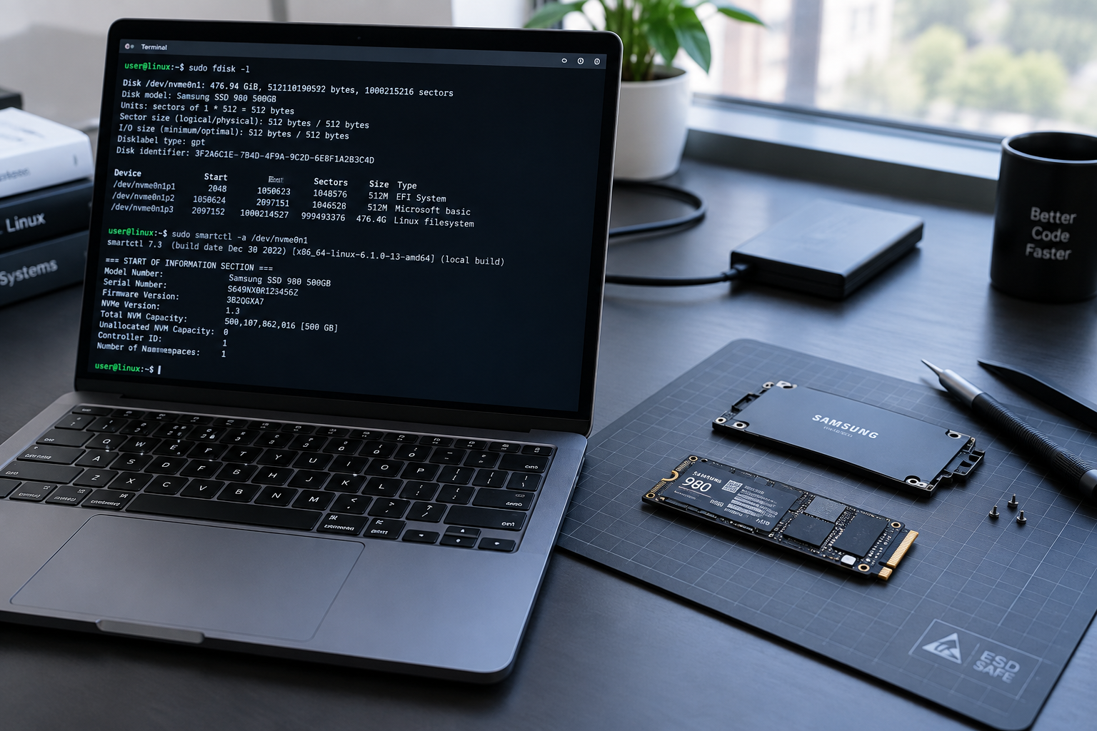 Laptop showing a Linux terminal next to an SSD drive on an anti-static mat