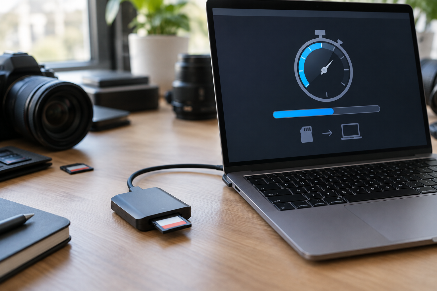 Laptop and card reader setup illustrating real-world data transfer speed testing