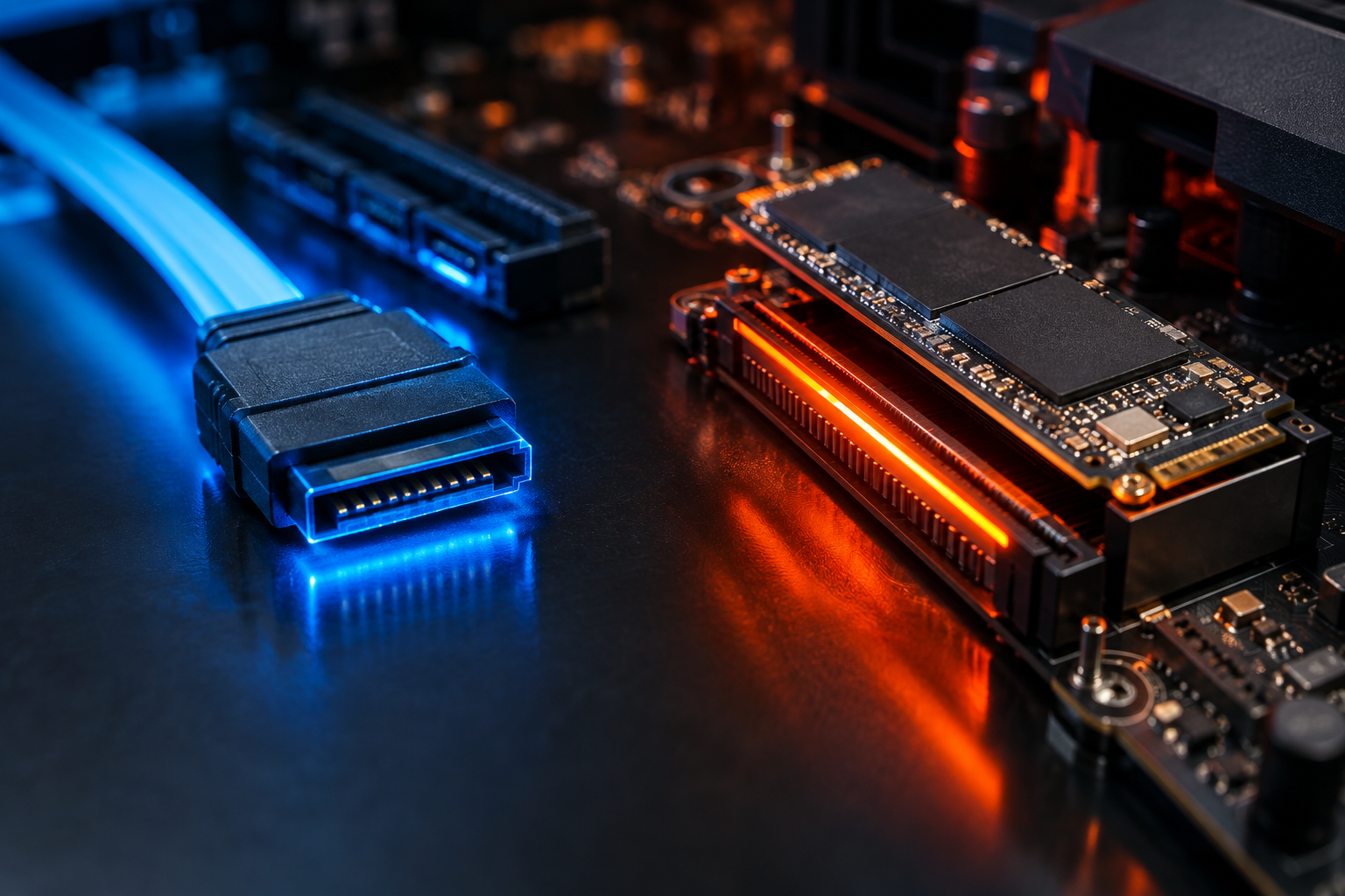 Side-by-side comparison of a SATA cable glowing blue and an NVMe SSD glowing orange representing bandwidth differences