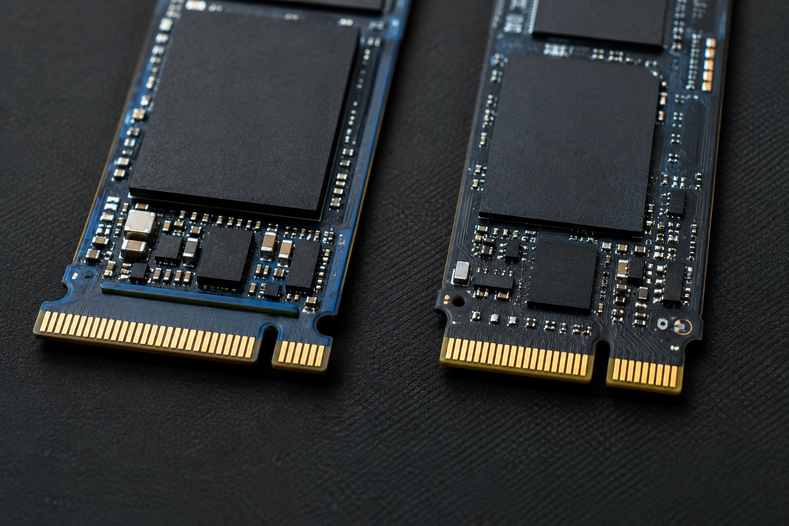 Close-up of M.2 SATA and NVMe SSD connectors compared side by side