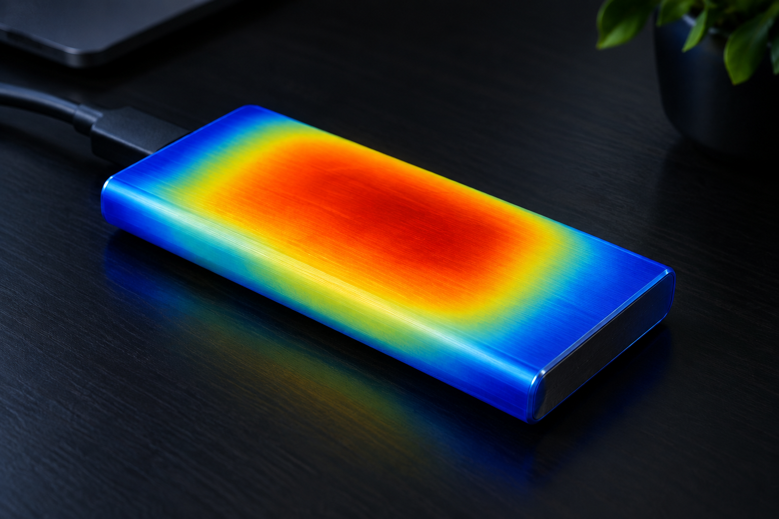 Thermal imaging visualization showing heat buildup on an NVMe enclosure