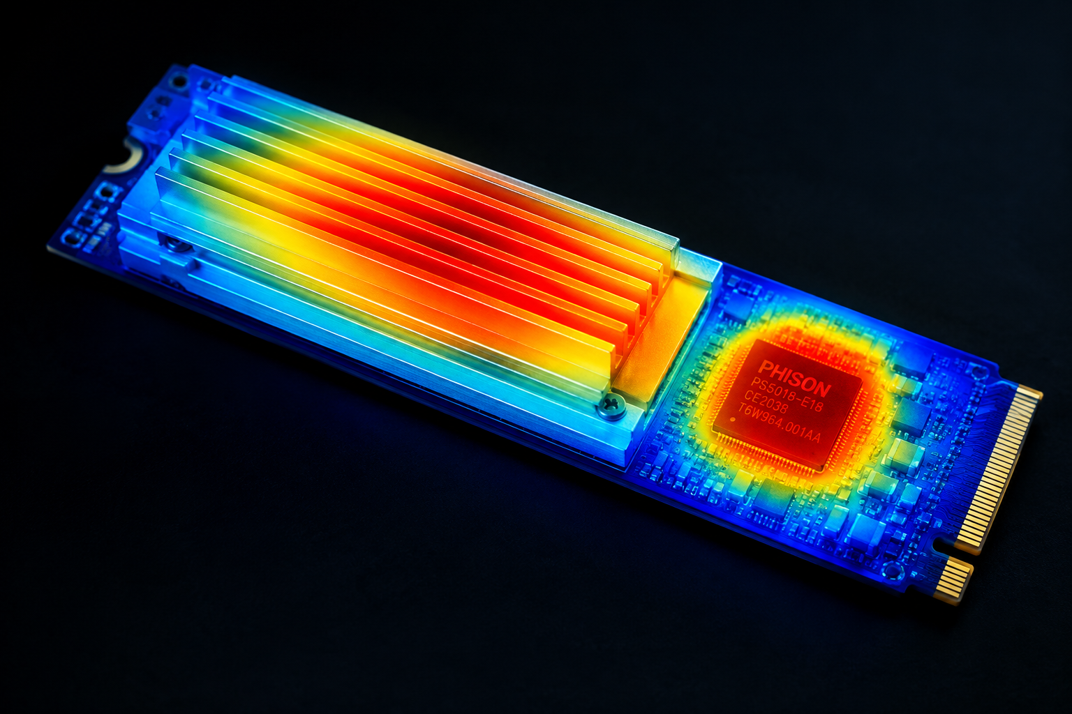 NVMe SSD with heatsink showing thermal heat concentration near the controller chip