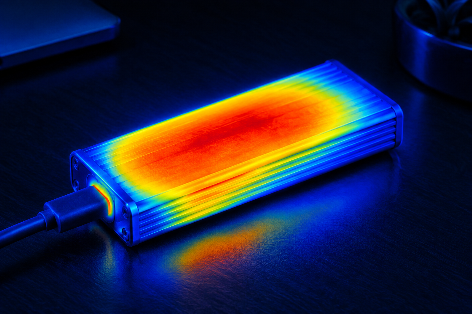 Thermal image showing heat buildup on an external NVMe SSD enclosure