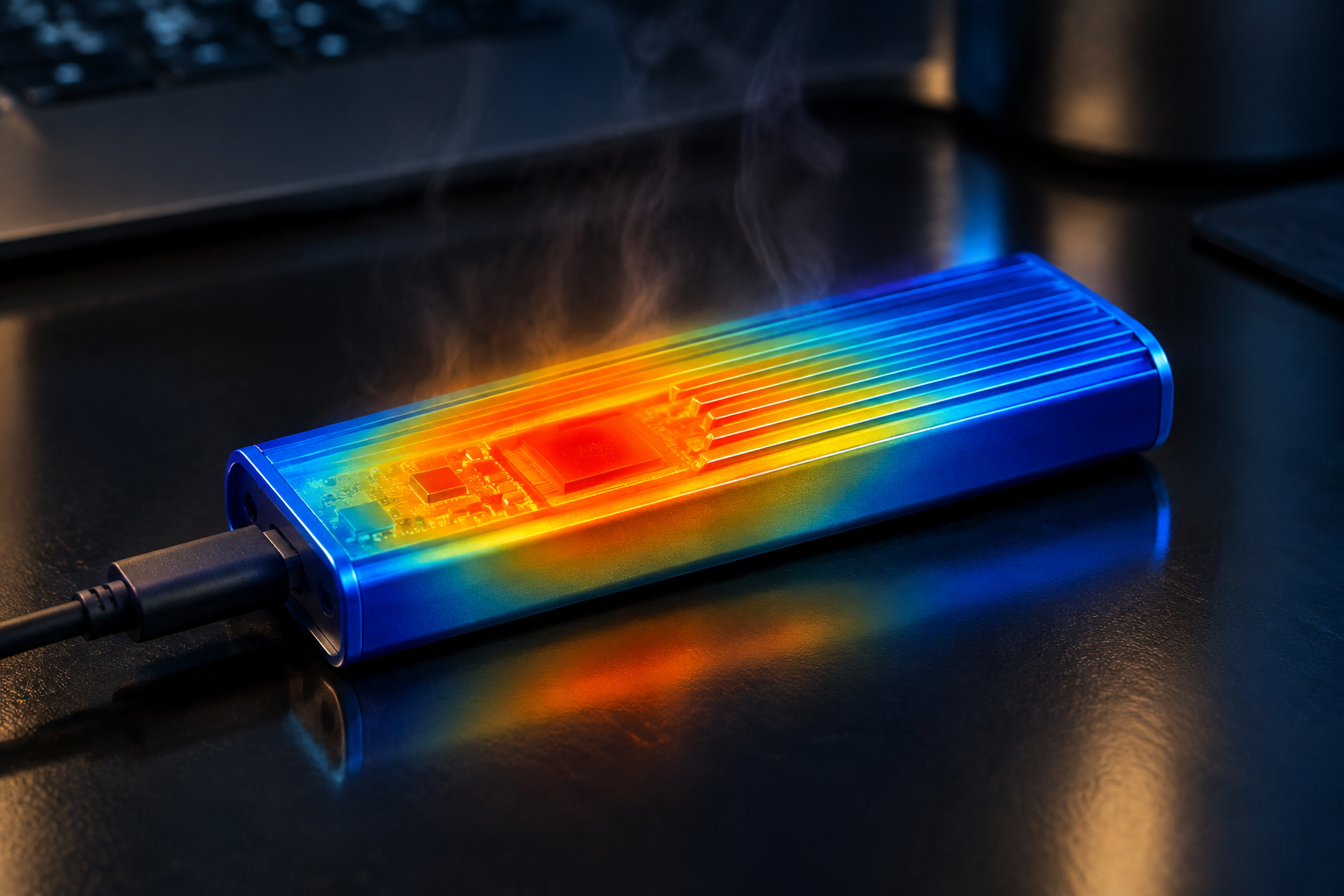 External SSD enclosure showing thermal heat buildup during heavy file transfer