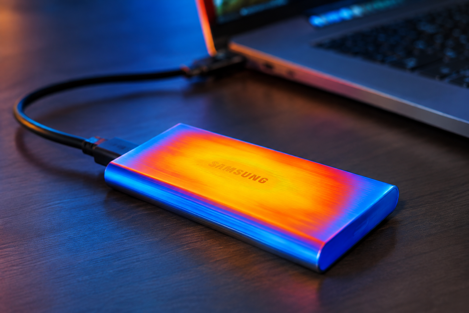 External SSD enclosure showing thermal heat patterns during data transfer