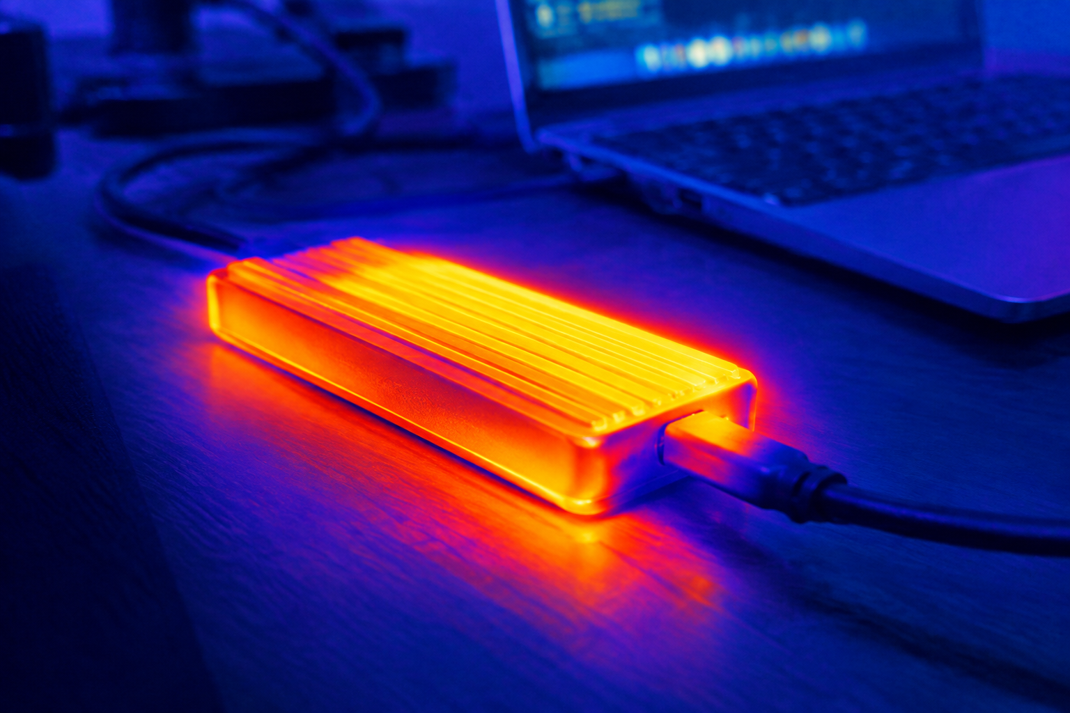 Thermal imaging style photo showing heat buildup on an external NVMe enclosure
