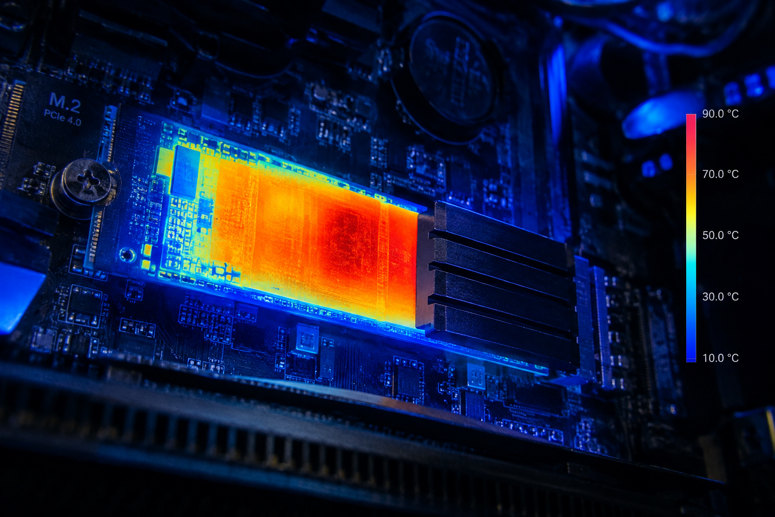 Thermal imaging view of an NVMe SSD showing heat buildup on a motherboard