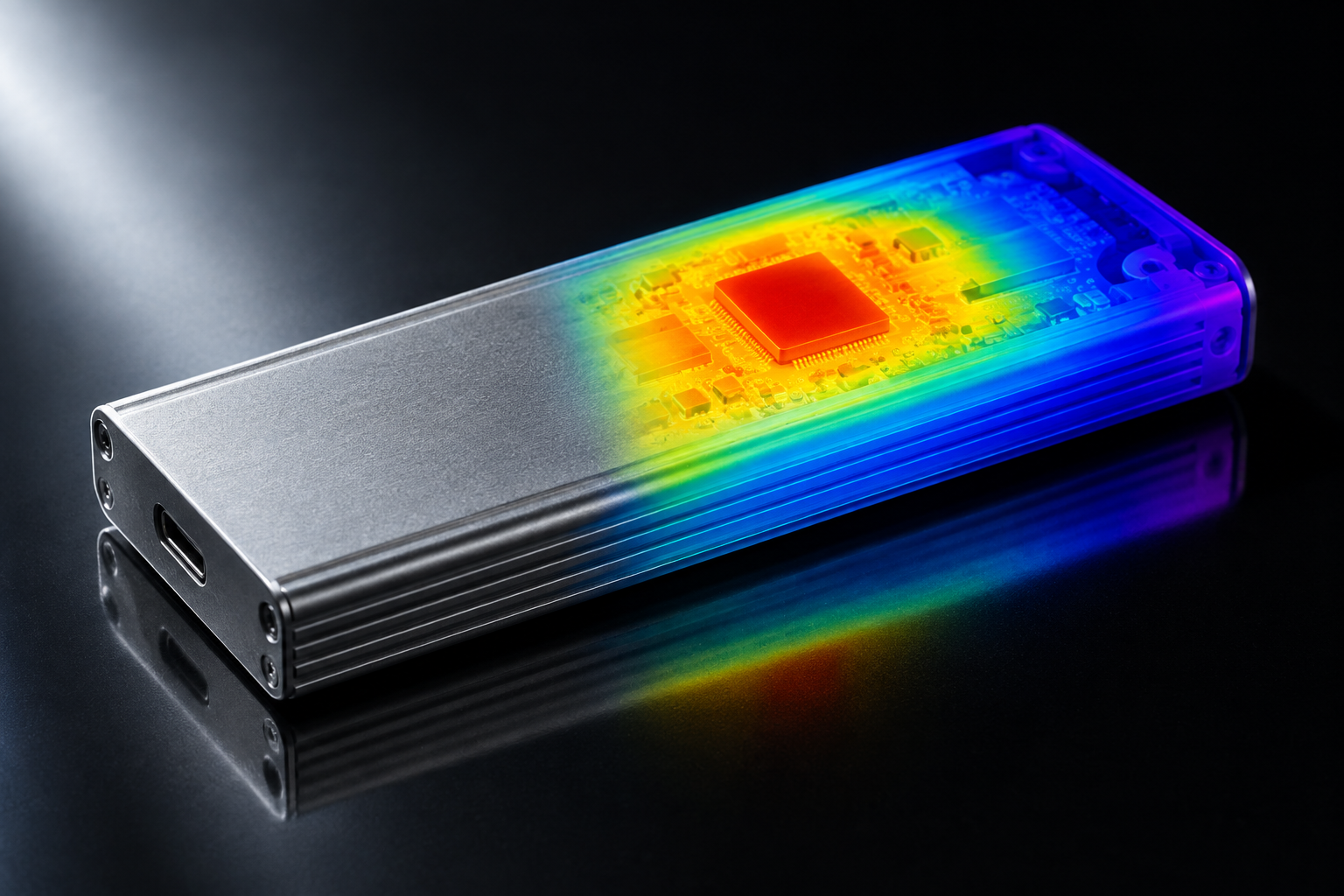 Thermal visualization of heat buildup inside a small metal SSD enclosure