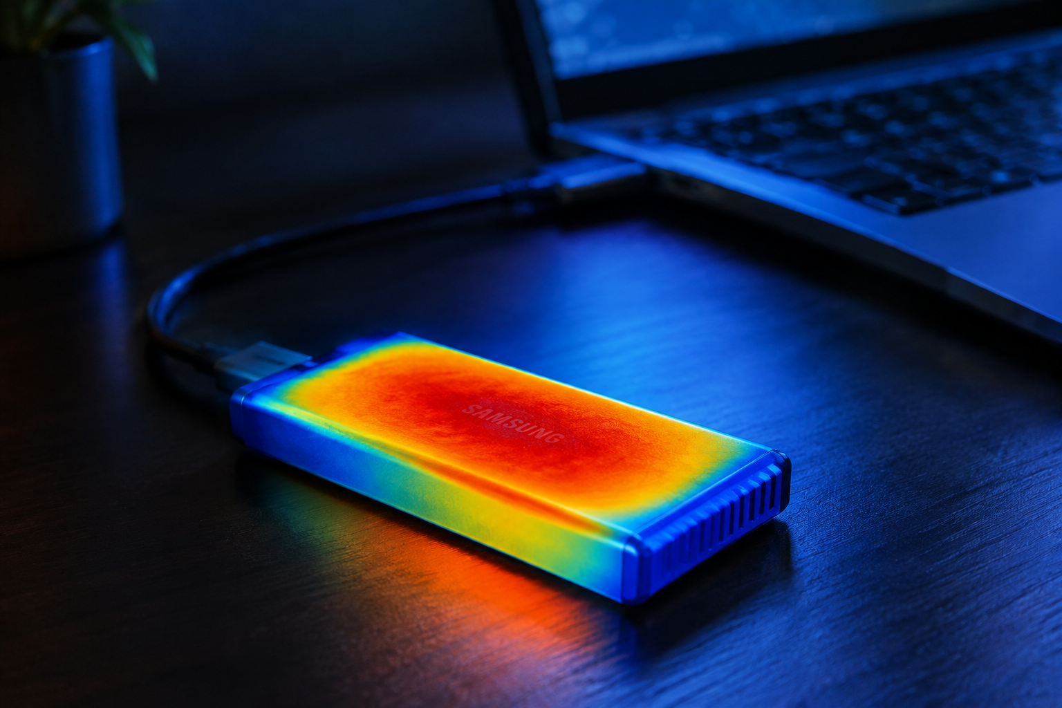 Thermal visualization showing heat buildup on an external NVMe SSD enclosure