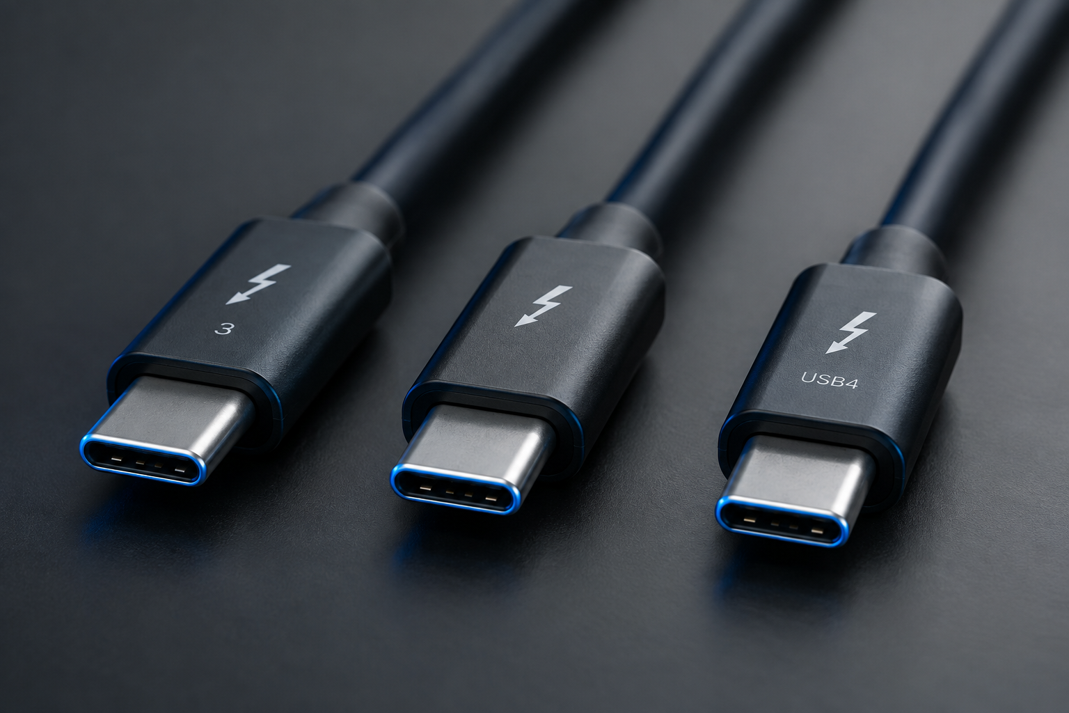 Three Thunderbolt cables representing different generations laid side by side