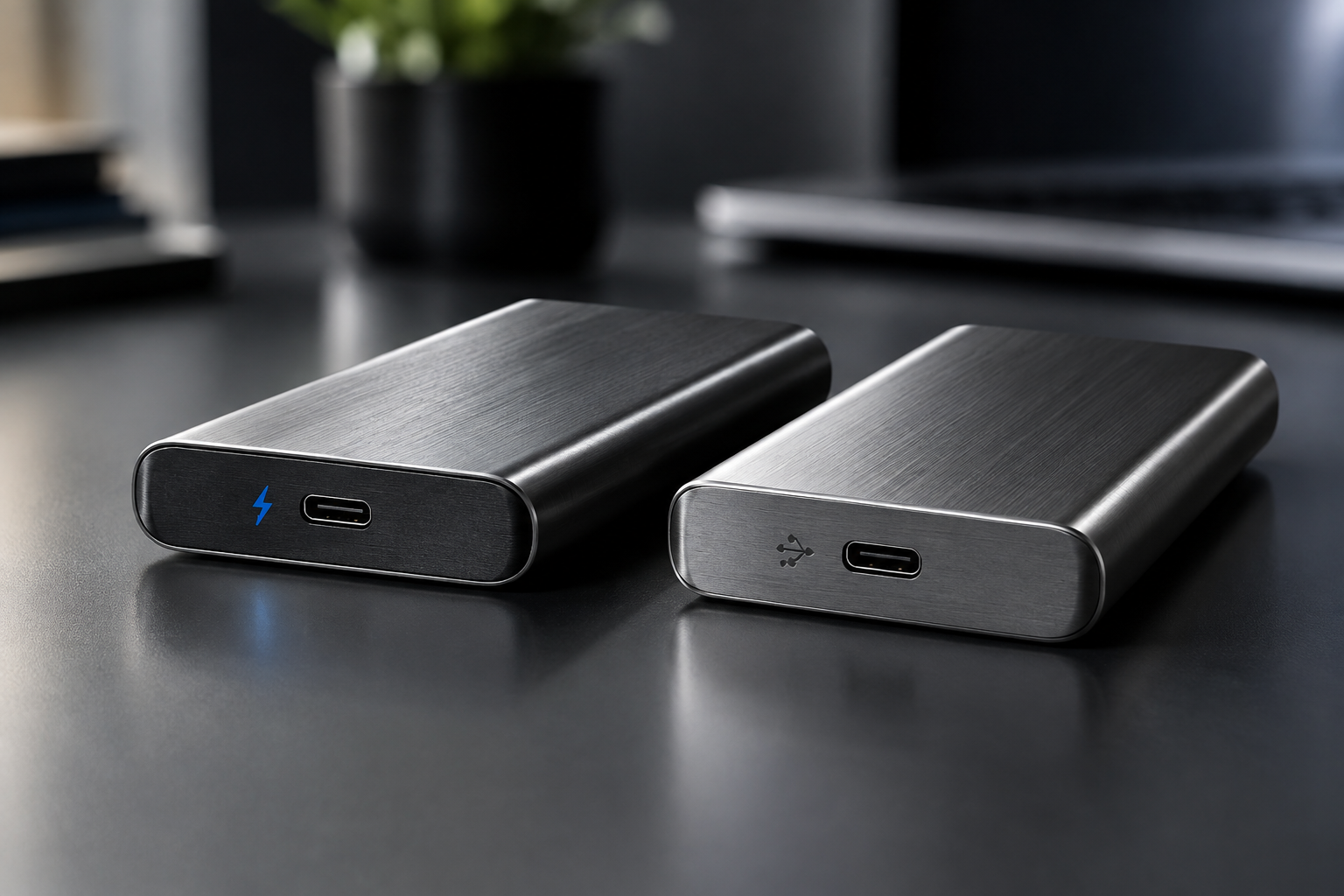 Two external SSD enclosures compared side by side representing Thunderbolt and USB4 connections