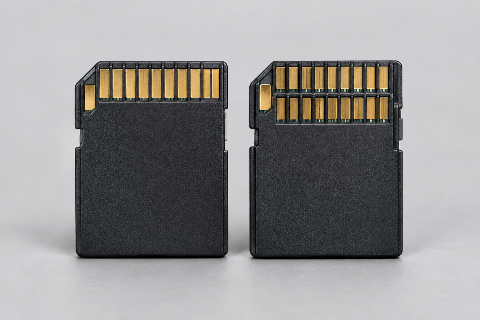Close-up comparison of UHS-I and UHS-II SD card contact pins side by side