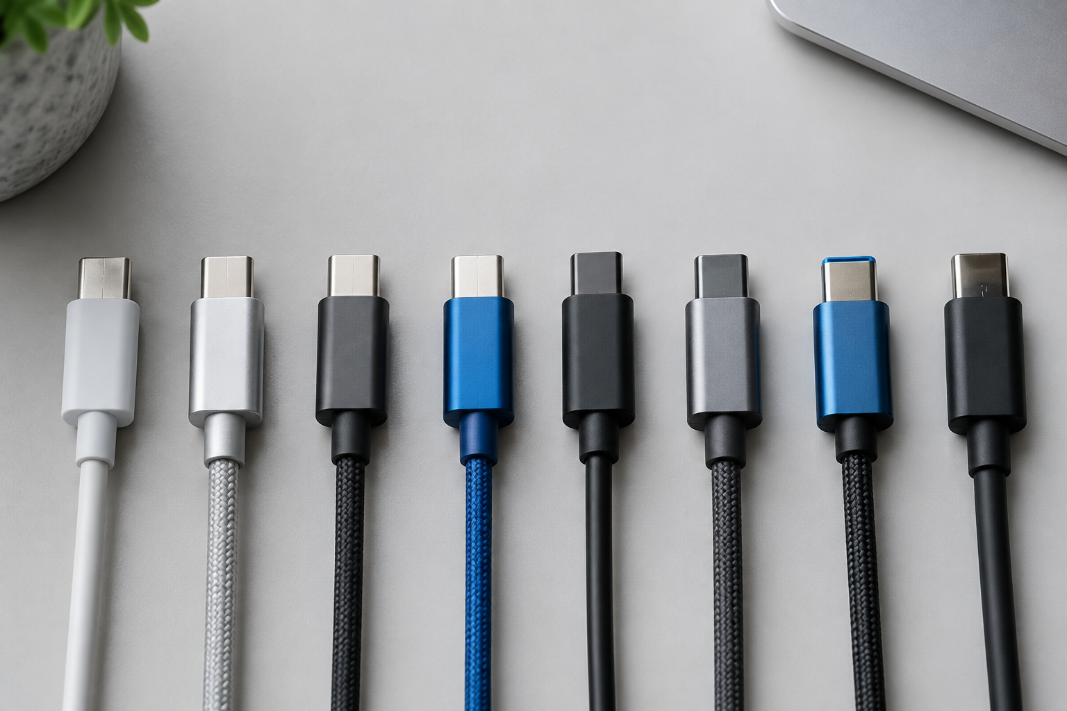 Row of USB-C cables with different connector finishes representing various speed tiers