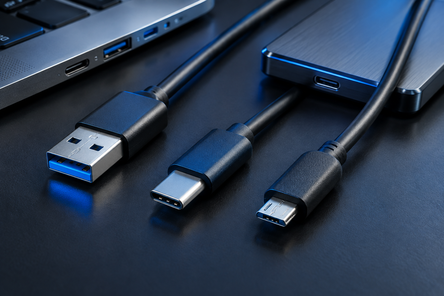 Close-up of various USB cables and connectors representing different USB speed standards