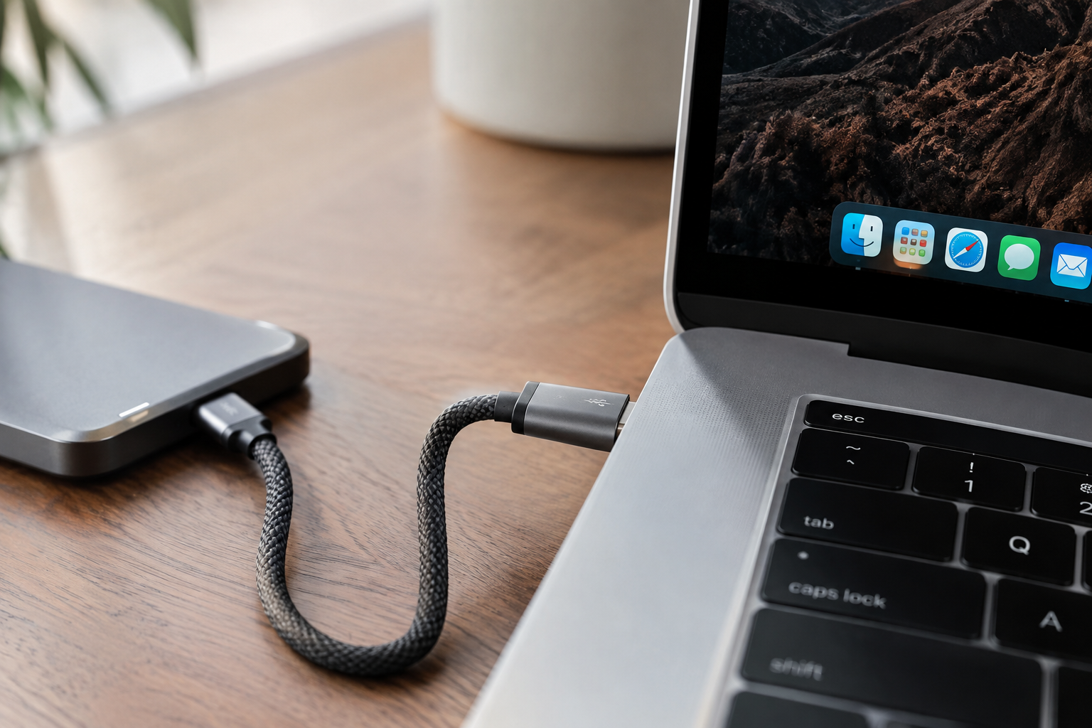 USB-C cable connecting a laptop port to an external SSD enclosure