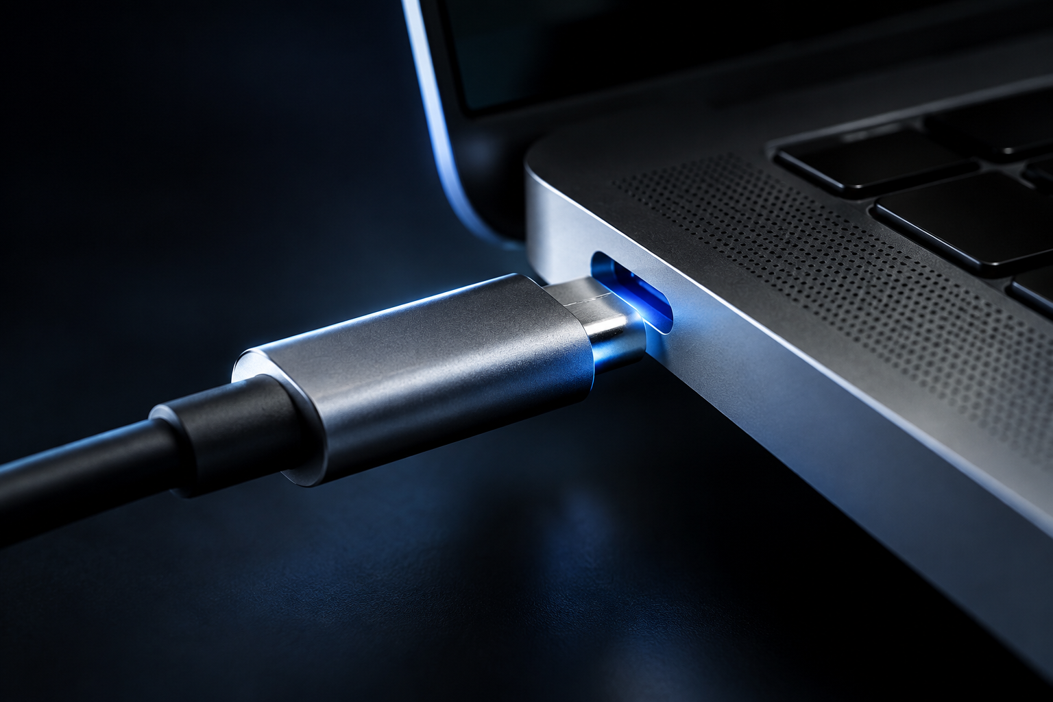 Close-up of a Thunderbolt USB-C cable being plugged into a laptop port