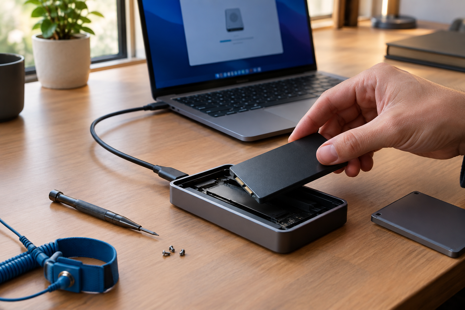 Hand inserting an SSD into an external enclosure connected to a laptop via USB-C