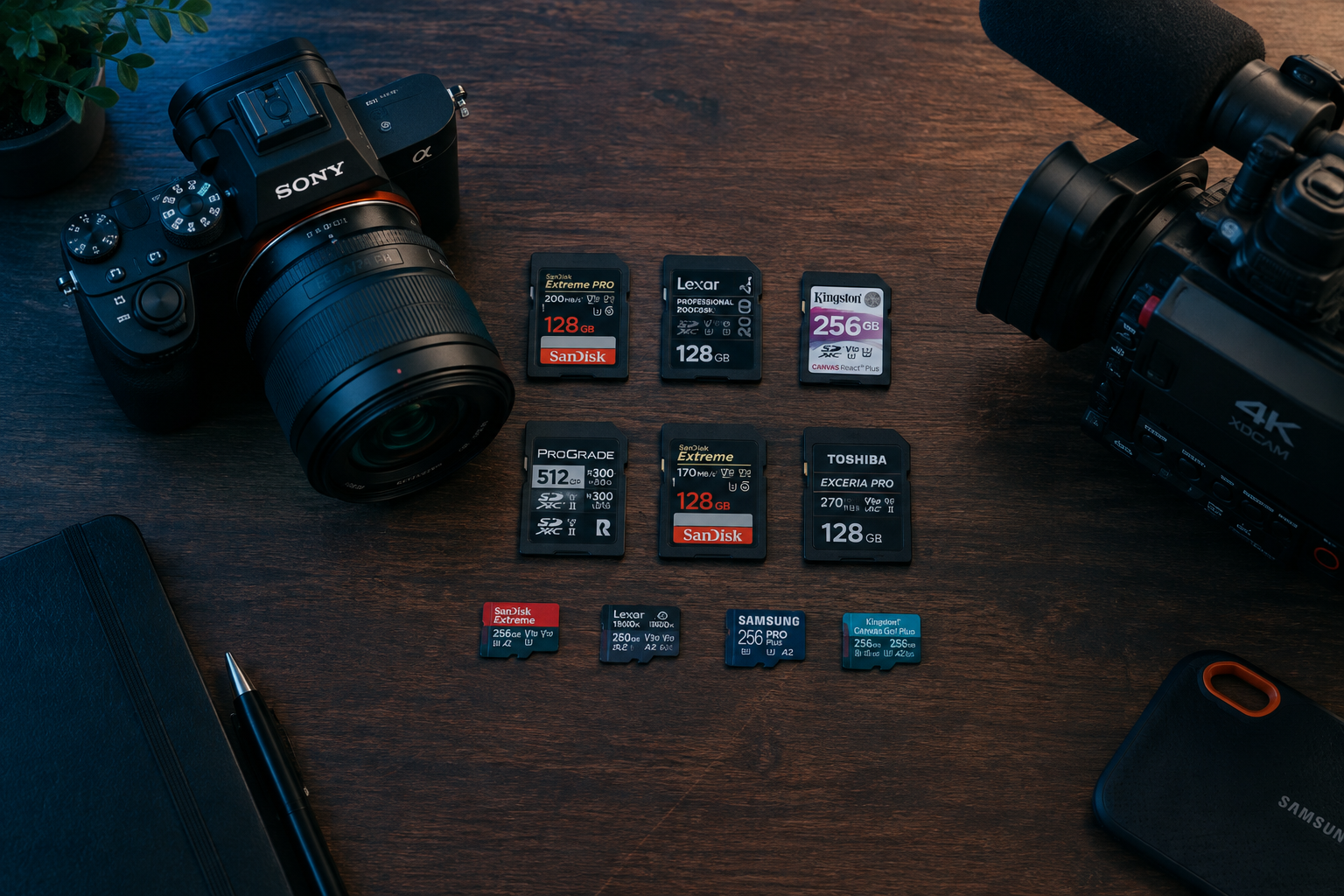 SD cards with video speed class labels next to camera equipment