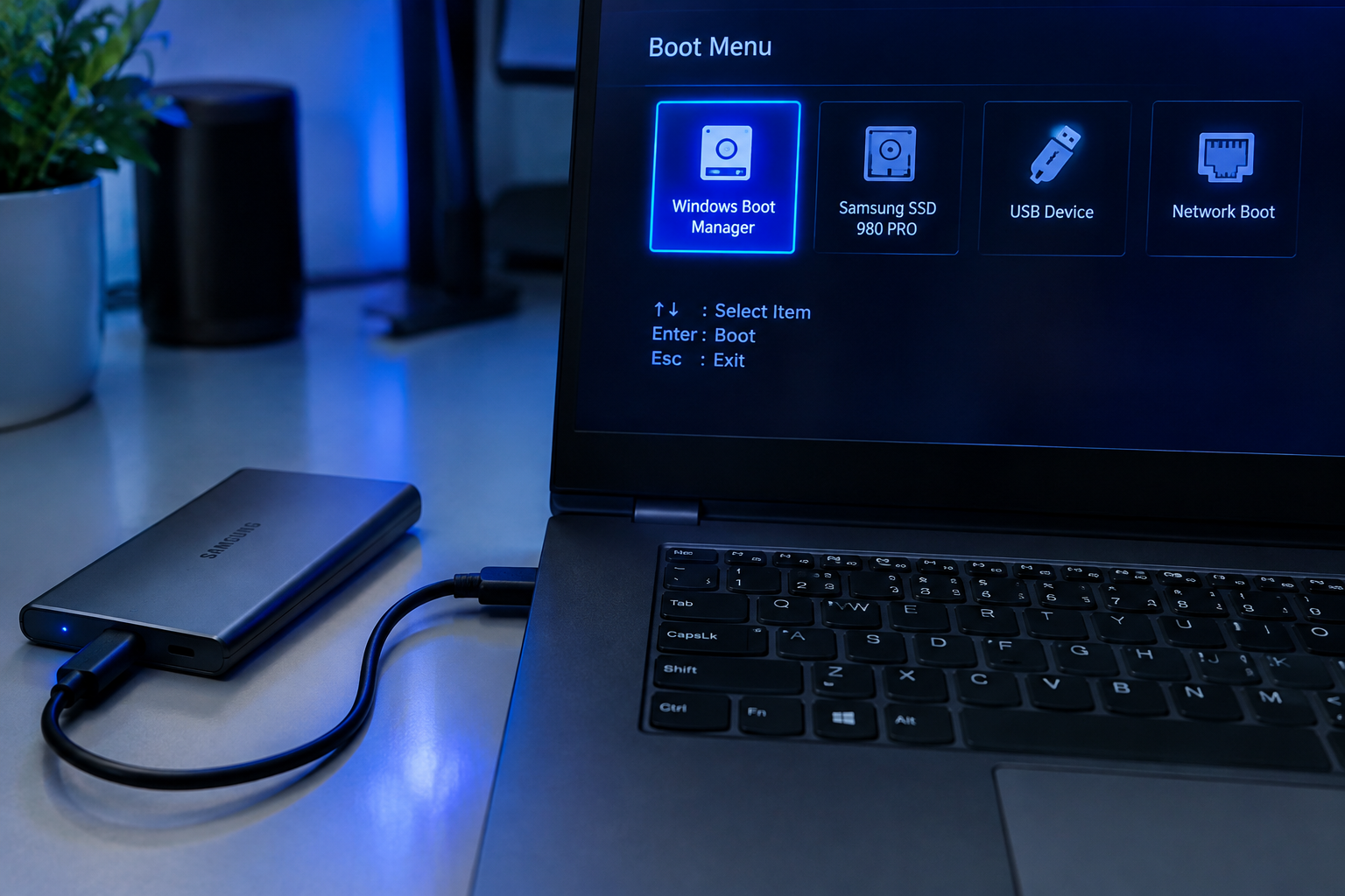 BIOS boot menu screen with an external SSD connected to a laptop