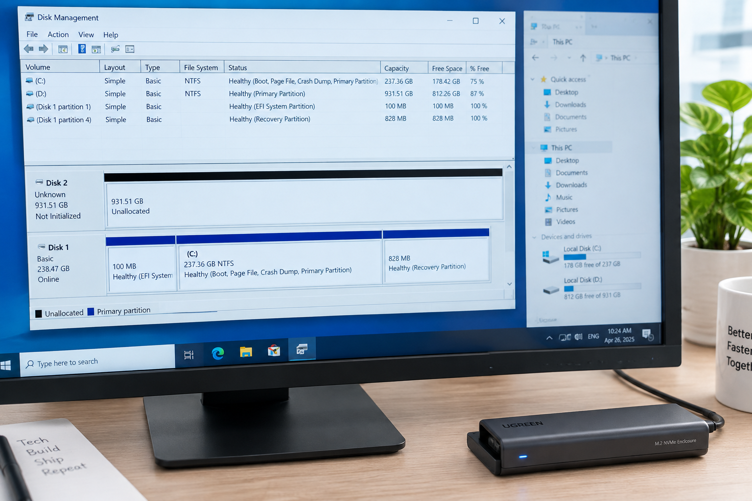 Windows Disk Management showing an unallocated NVMe drive not visible in File Explorer