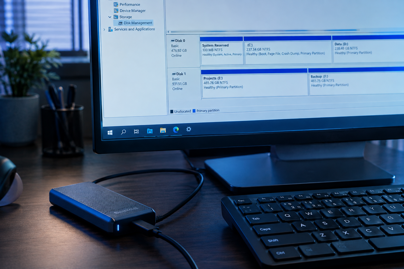 External SSD connected to a computer showing drive management interface on screen