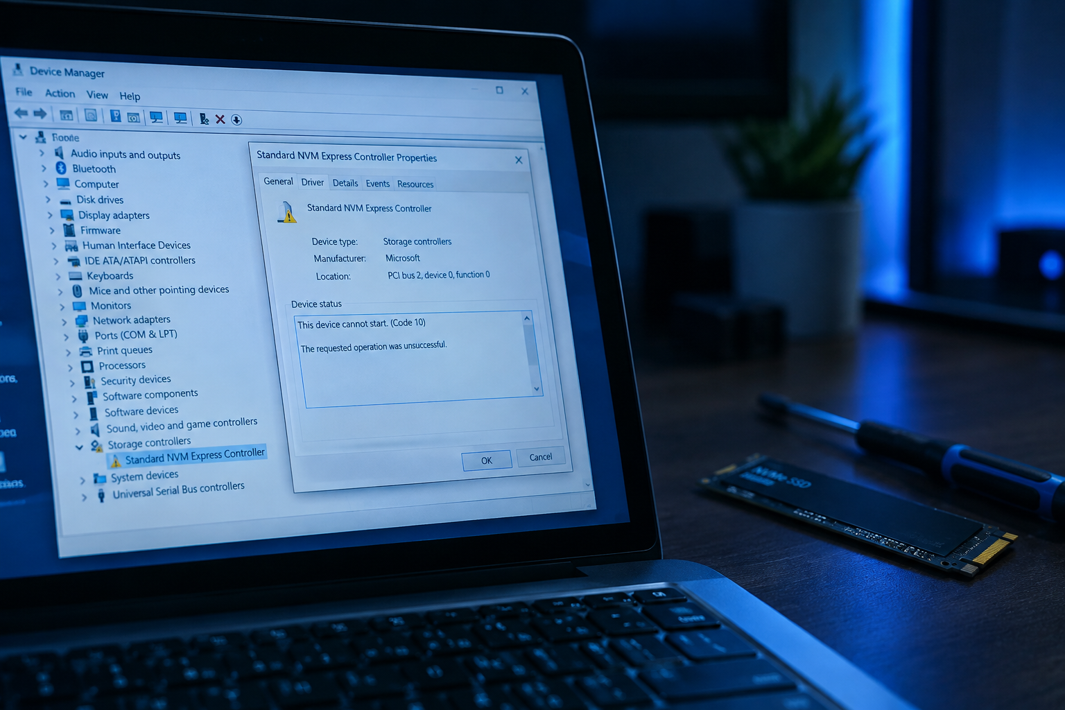 Windows Device Manager showing a storage driver with a warning indicator