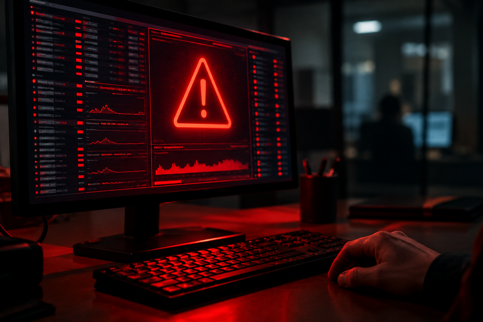 Computer screen showing a glowing red warning alert indicating a critical drive health issue