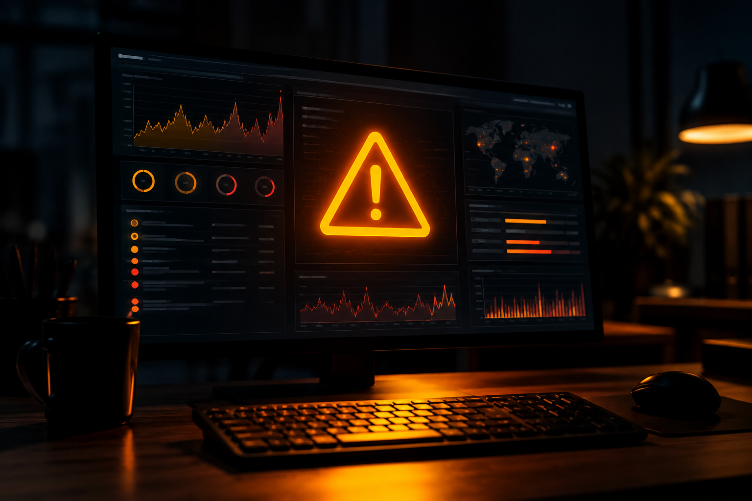 Computer screen showing a glowing warning alert icon on a system dashboard