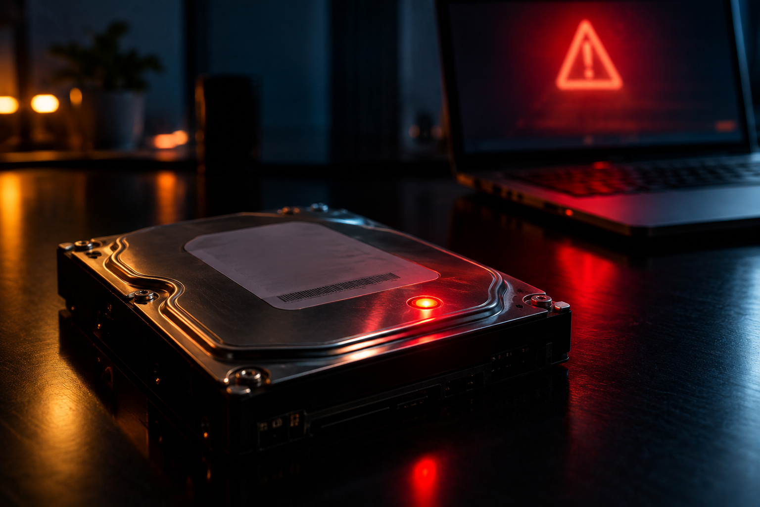 Hard drive with a glowing red warning light indicating a potential failure