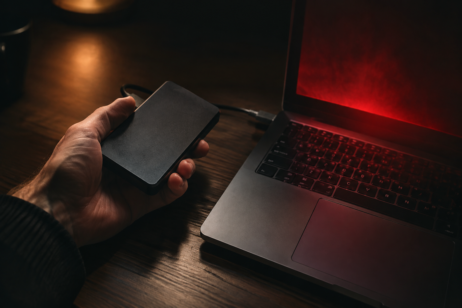 Hand holding an external drive next to a laptop glowing with a warning light, symbolizing data backup urgency
