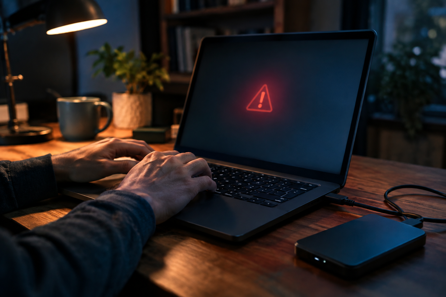 Laptop displaying a warning alert with a backup drive nearby