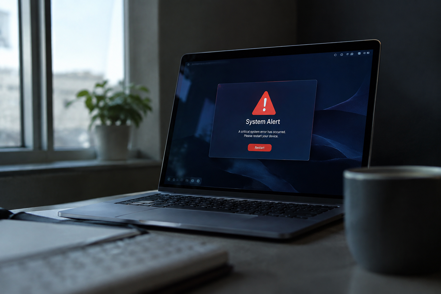 Laptop screen showing a system warning alert indicating potential drive issues