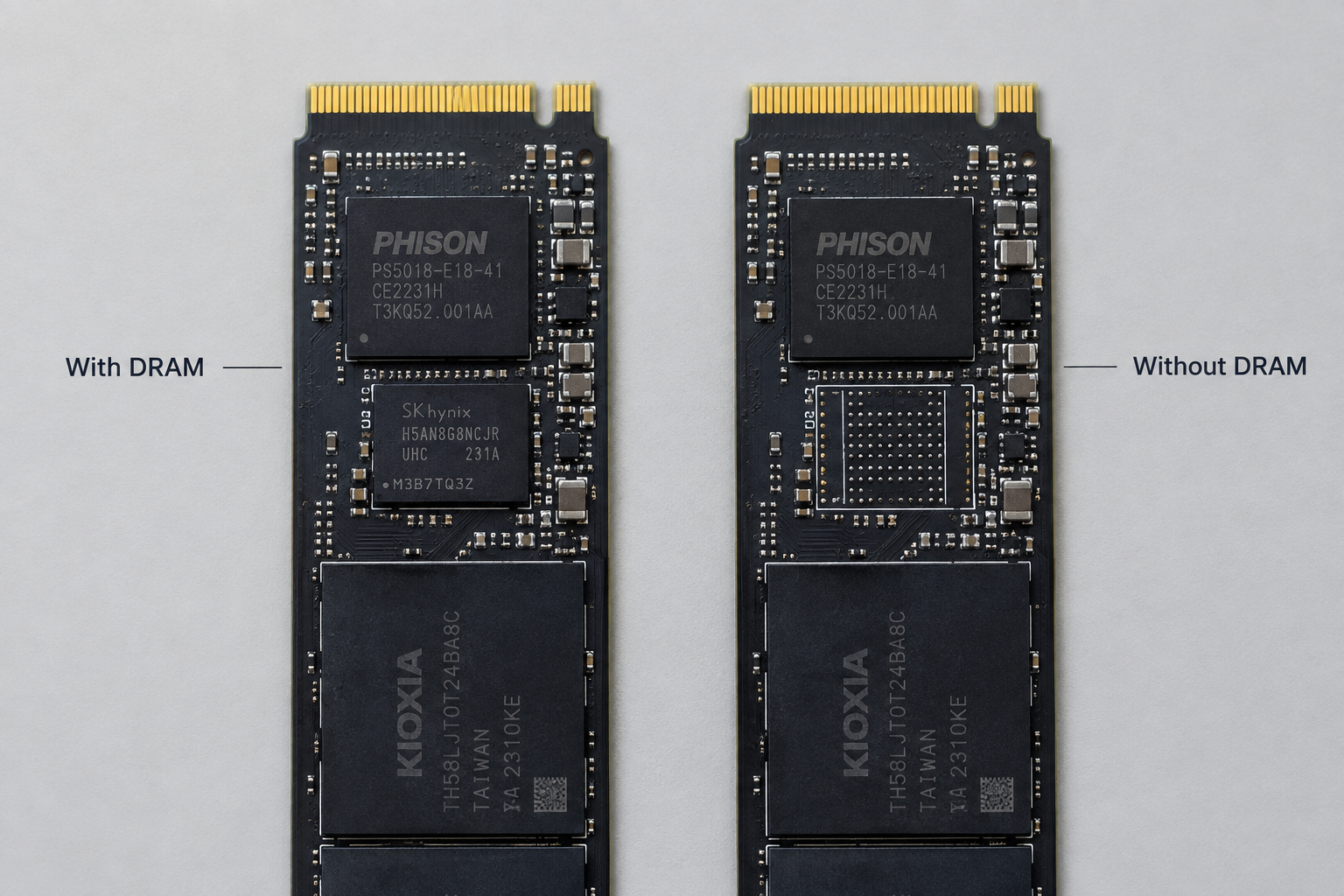 Side-by-side comparison of an SSD with a DRAM chip and one without