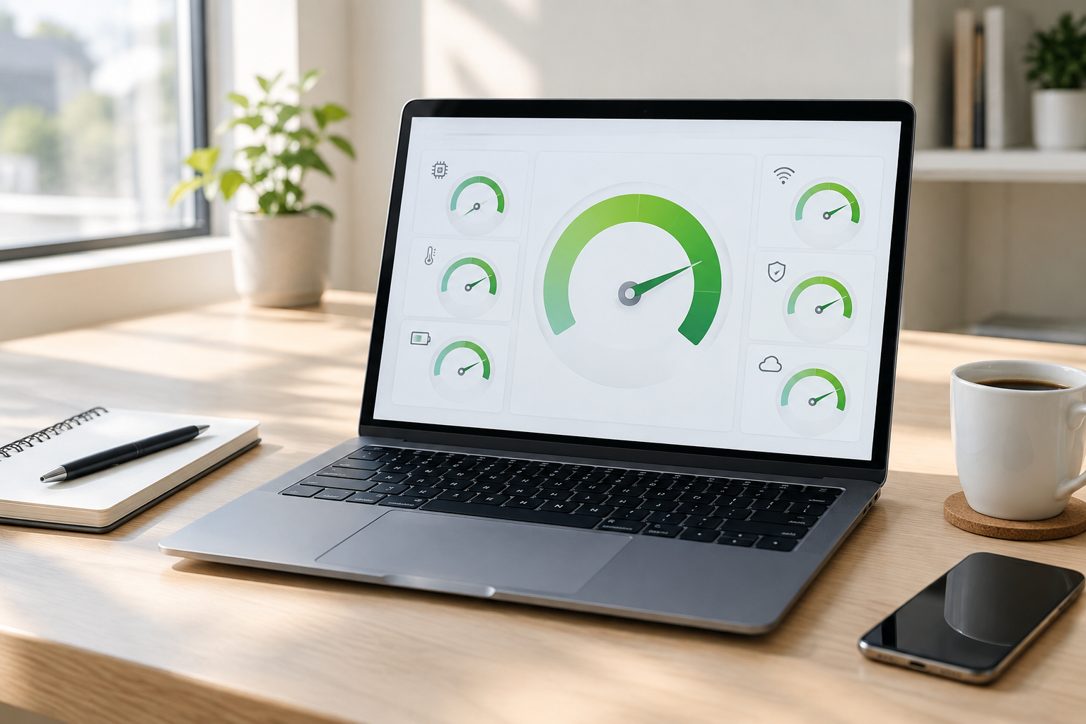 Laptop dashboard showing healthy green status gauges indicating normal drive wear readings